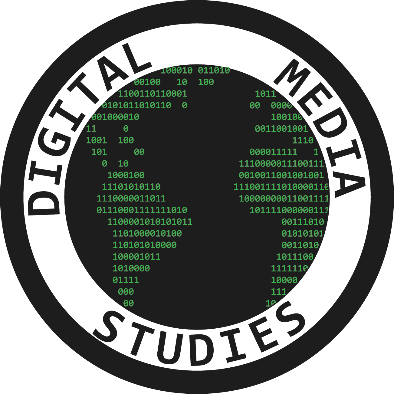 A globe represented with green binary text forming the land on a black background.  Surrounding the globe are the words 'Digital Media Studies'